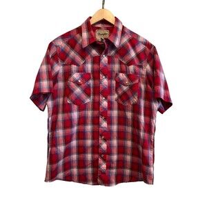 Wrangler Western Button Up Shirt Men's Red Blue Plaid Pearl Snaps Rodeo Cowboy L